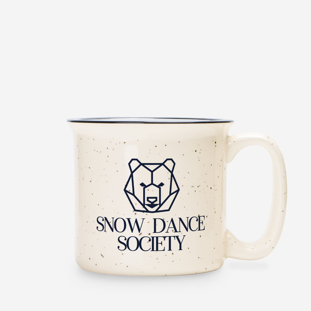 Speckled cream ceramic camp mug with black rim, Snow Dance Society