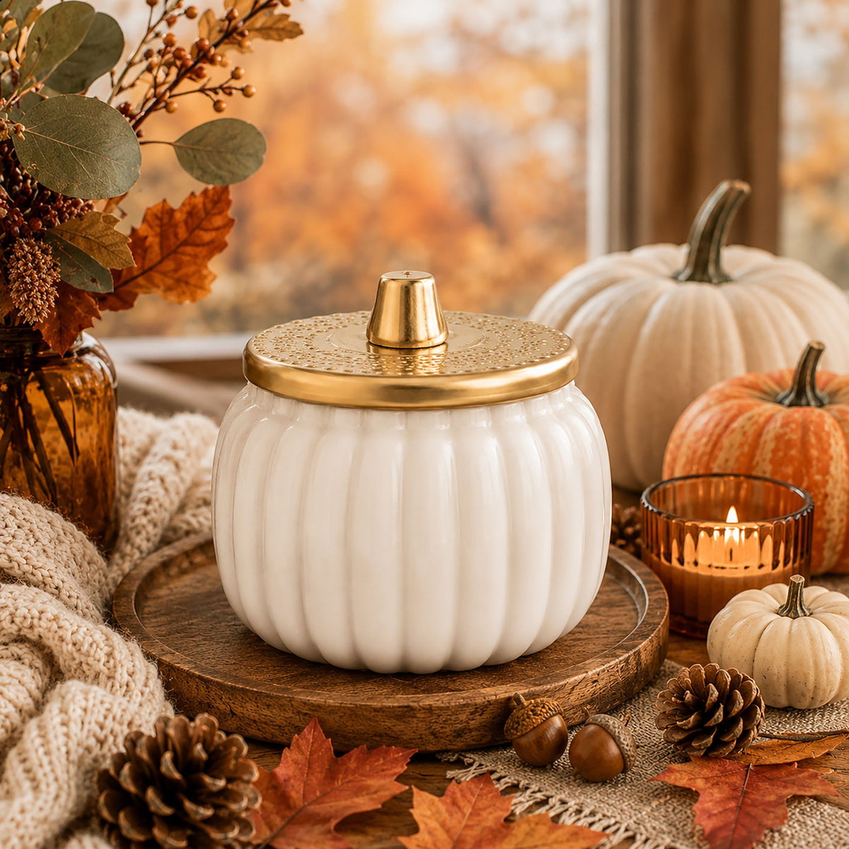 Harvest Moon pumpkin spice candle lit with two wicks among fall leaves